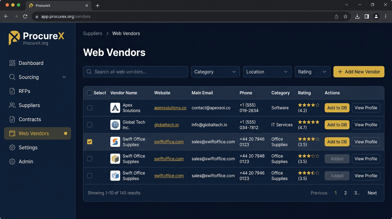 ProcureX workspace: web vendor search results, contacts, and shortlist