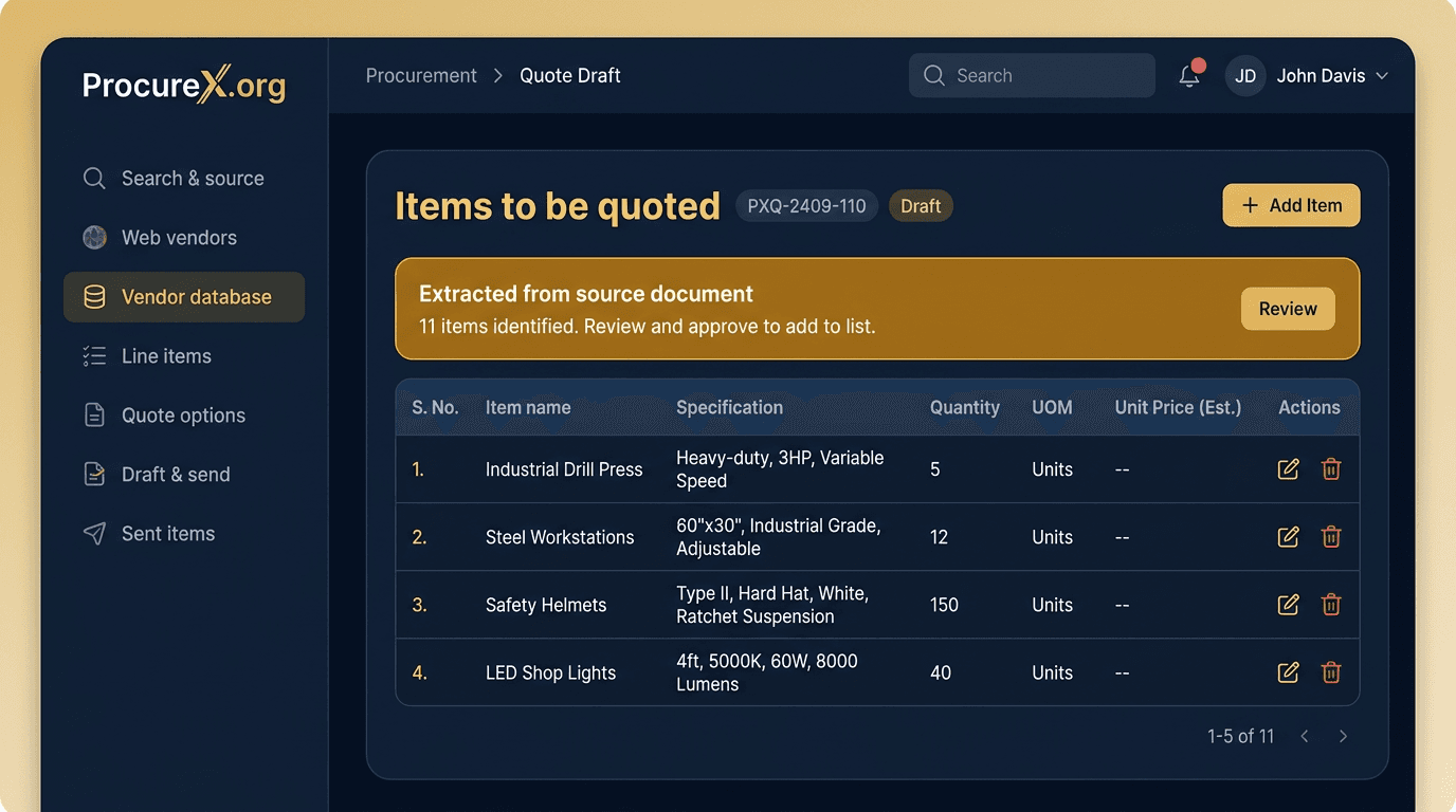 ProcureX workspace: sidebar, line items, and RFQ sections in the live app